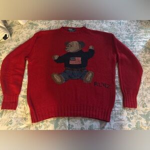 Ralph Lauren Red Crewneck Sweater with Bear Design